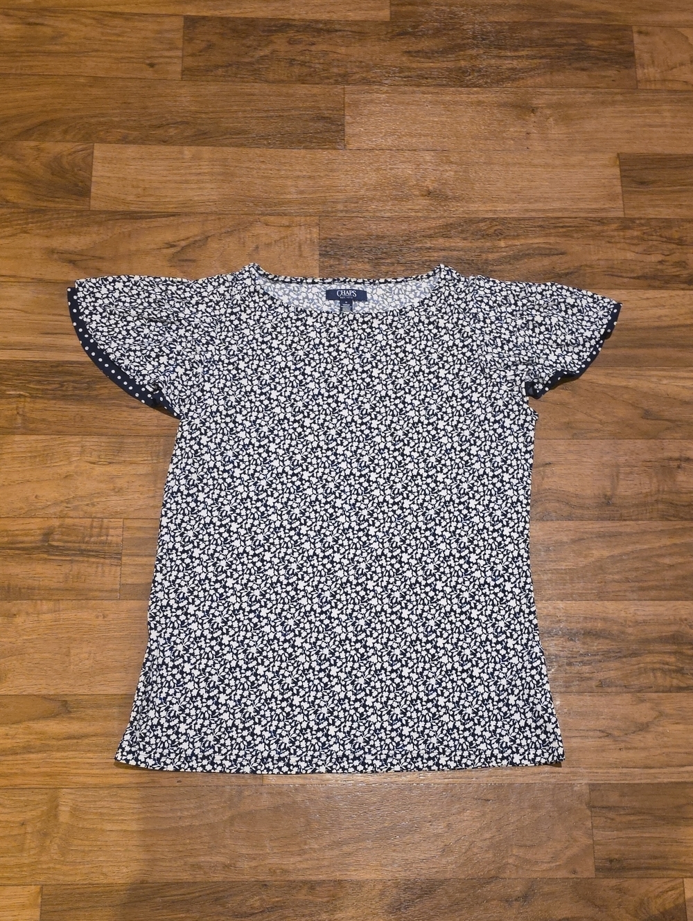Chaps Navy and White Floral Flutter-Sleeve Tee